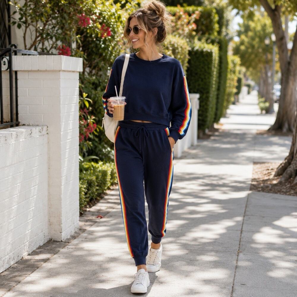 Michael Stars Sz XS Rainbow Stripe 2pc Jogger Set Navy Dopamine Athleisure Retro